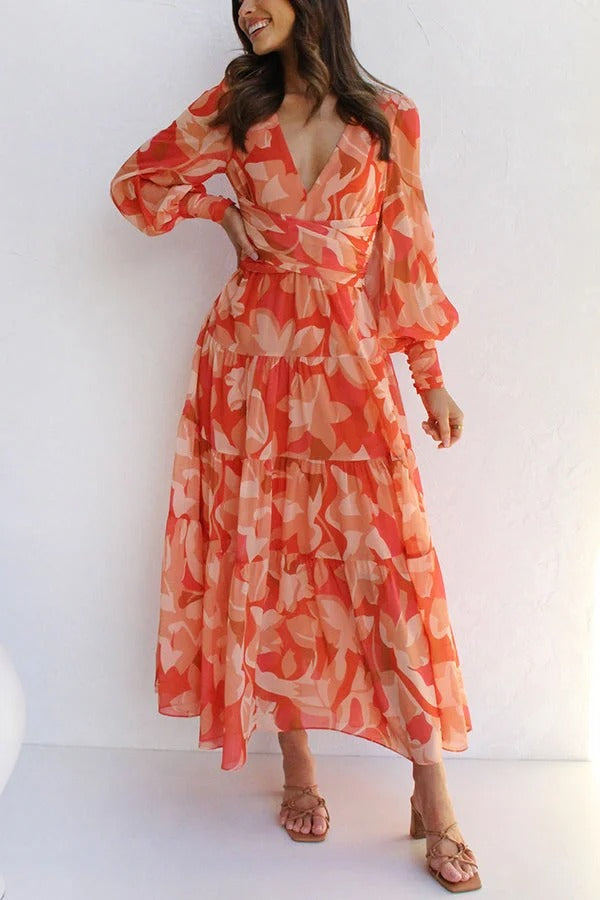 Olena™ - Abstract Floral Balloon Sleeves Maxi Dress