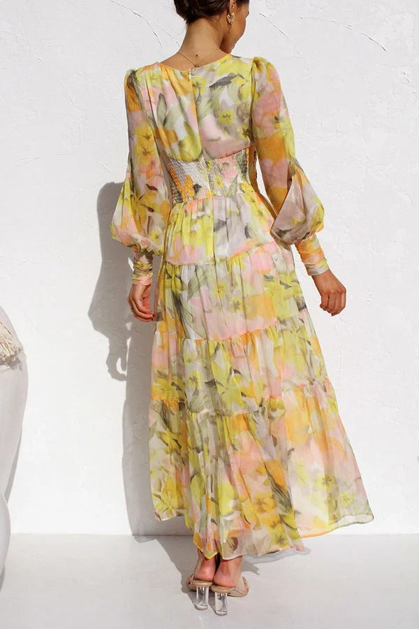 Olena™ - Abstract Floral Balloon Sleeves Maxi Dress