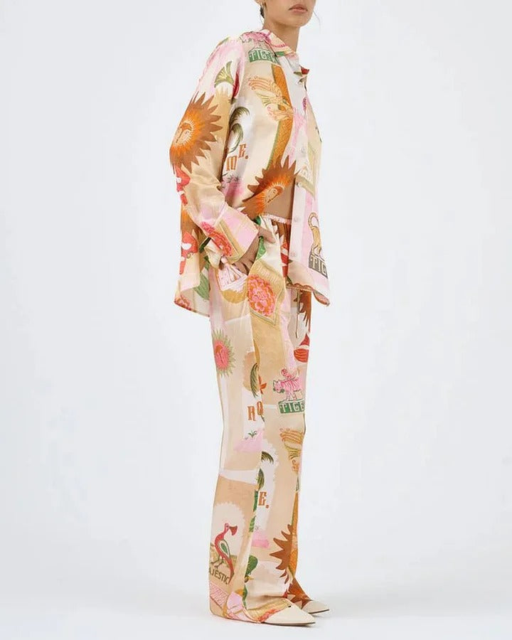 Seraphina™ - Printed Casual Long Sleeve Shirt & Elastic Waist Pants Set