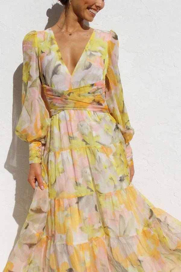 Olena™ - Abstract Floral Balloon Sleeves Maxi Dress