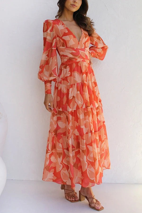 Olena™ - Abstract Floral Balloon Sleeves Maxi Dress