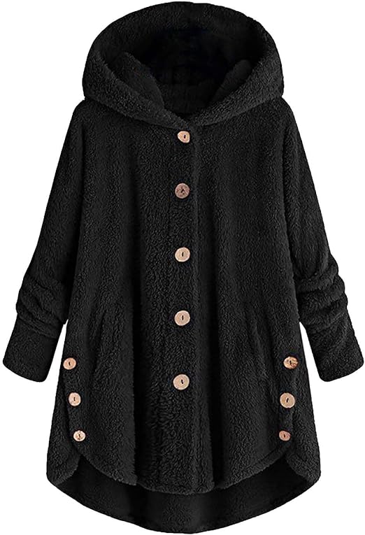 Baisico Black Side-Pocket Plush Hooded Button-Up Coat