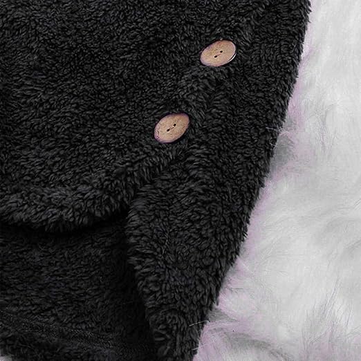 Baisico Black Side-Pocket Plush Hooded Button-Up Coat