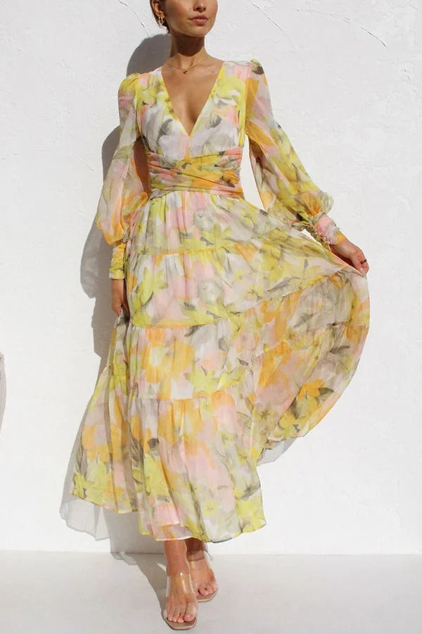 Olena™ - Abstract Floral Balloon Sleeves Maxi Dress