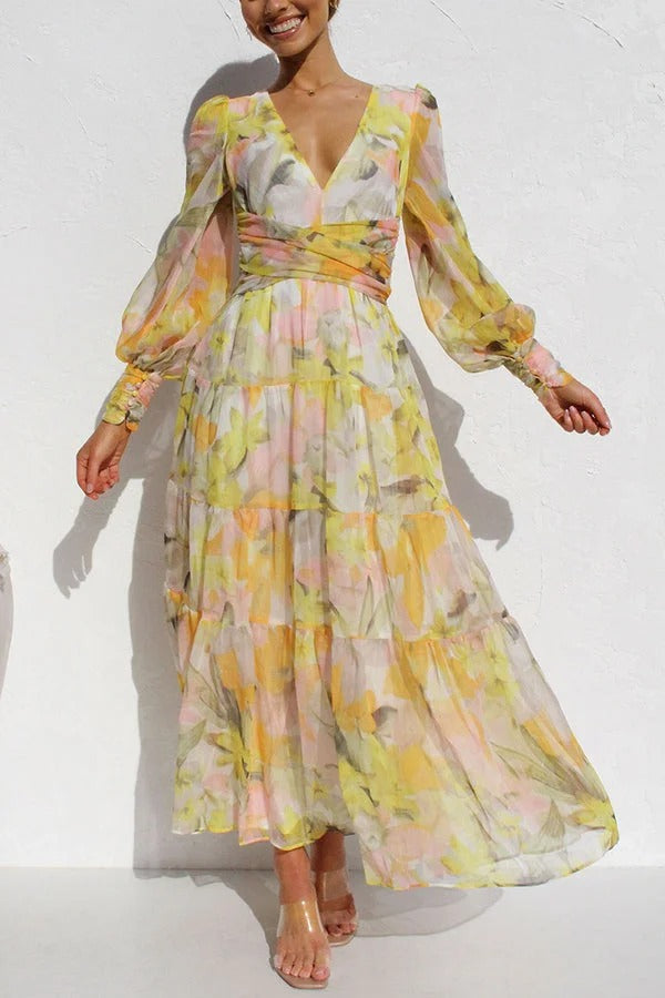 Olena™ - Abstract Floral Balloon Sleeves Maxi Dress