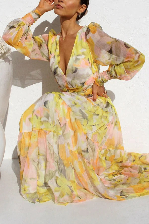 Olena™ - Abstract Floral Balloon Sleeves Maxi Dress