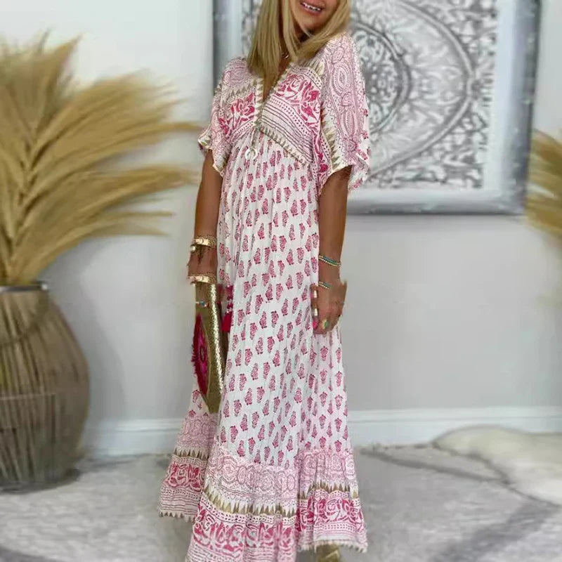 LILA BOHO V-NECK PRINTED MAXI DRESS