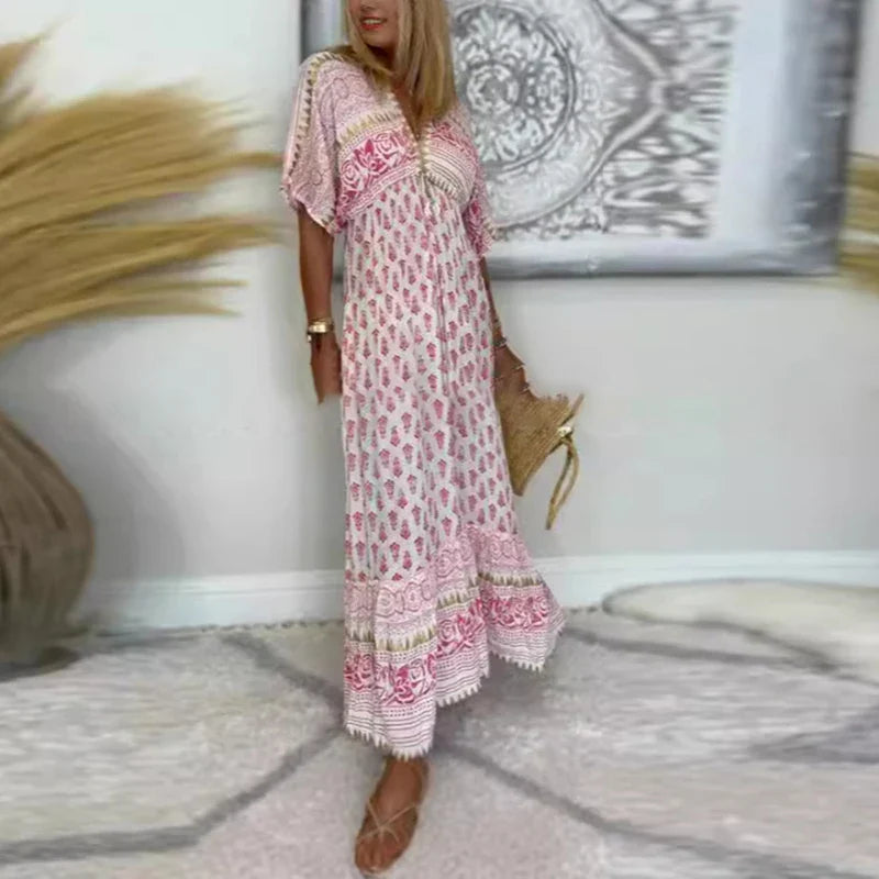 LILA BOHO V-NECK PRINTED MAXI DRESS