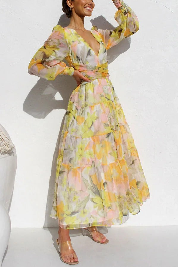 Olena™ - Abstract Floral Balloon Sleeves Maxi Dress