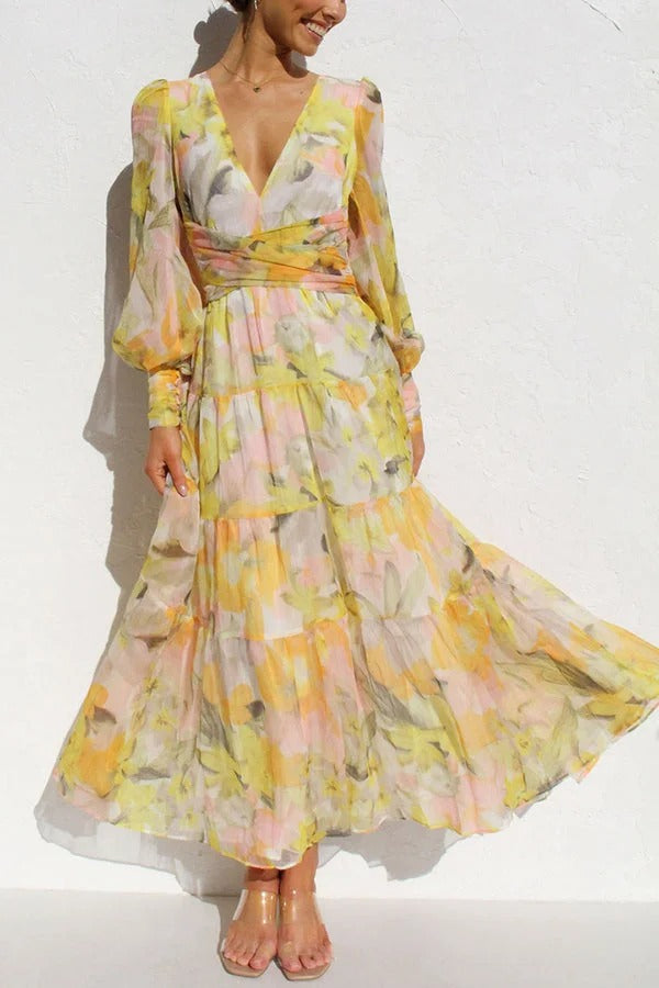 Olena™ - Abstract Floral Balloon Sleeves Maxi Dress