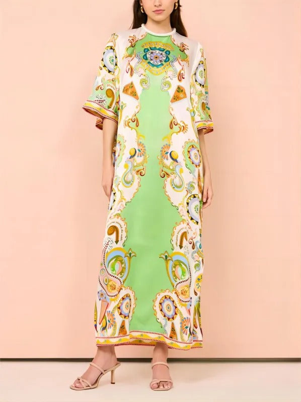 Phoebe™ - Unique Print Bell Sleeve Loose Slit Midi Dress