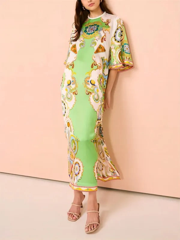 Phoebe™ - Unique Print Bell Sleeve Loose Slit Midi Dress