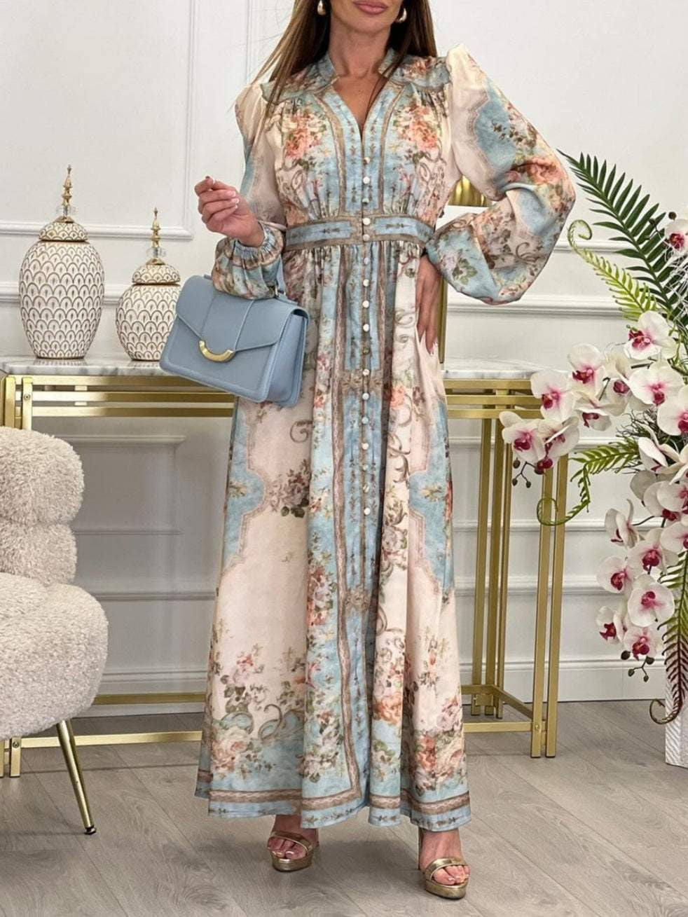 Nora™ - Floral Bohemian Print Balloon Sleeve Button Up Maxi Dress